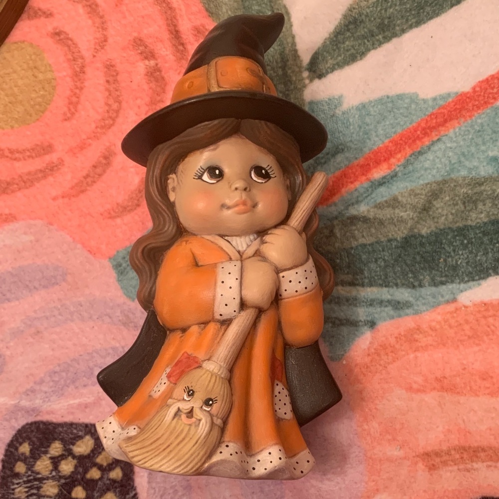 Cute ceramic hand painted Witch Figurine with Broom